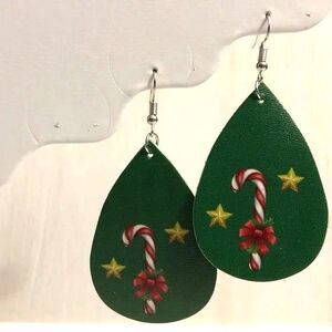 Green Candy Cane PU Leather Teardrop Earrings